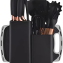 Utensilios para Cozinha Silicone Kit com 19 Peças Cabo Madeira Conjunto Completo Espátula Concha Colher Jogo Suporte Faca Antiaderente Tabua Tesoura Faqueiro (PRETO)